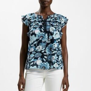 LOFT Floral Boho Peasant Blouse Short Sleeve Womens Sz Small Coastal Blue Multi